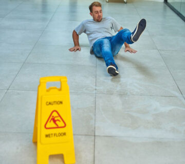 A man experiences a slip and falls on a wet floor near a yellow caution sign that reads "Caution Wet Floor.