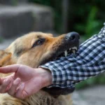 A German Shepherd with bared teeth biting a person’s arm, who is wearing a black and white checkered shirt 