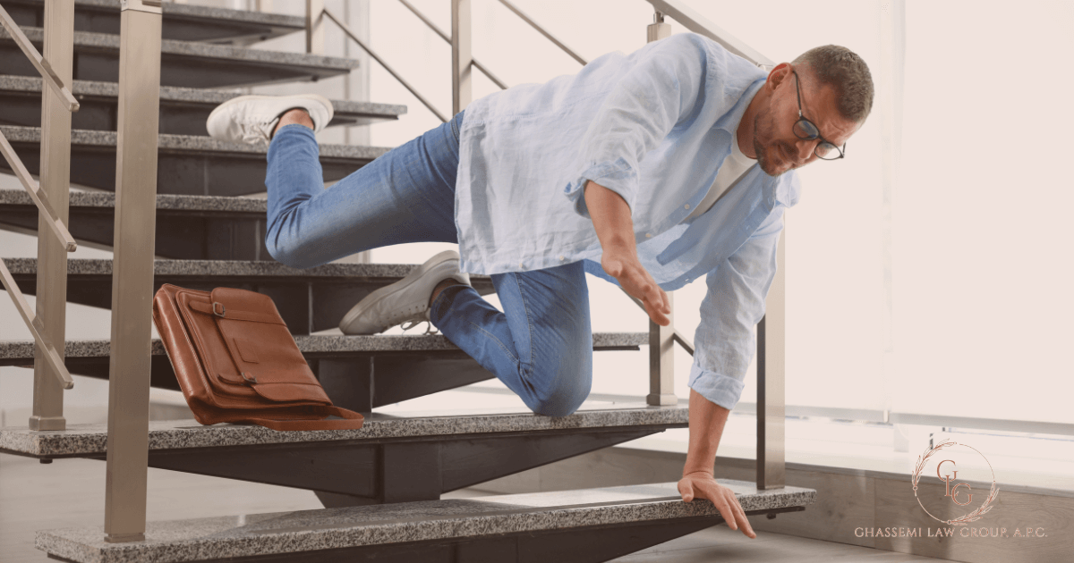 A man in casual clothes is falling down a staircase, reaching out to catch himself with one hand. A brown briefcase lies on the stairs beside him.