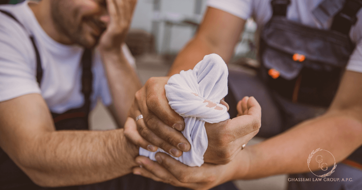 A person is holding their injured hand wrapped in a white cloth, while another person supports them, both wearing work uniforms.
