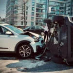 A white car and a black SUV are involved in a collision; the SUV is flipped on its side, with visible damage  An onlooker and city buildings are in the background 