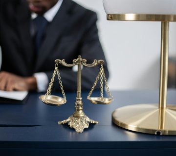 A brass balance scale sits on a desk next to a lamp, while a car accident lawyer in Irvine writes in a notebook in the background. - Ghassemi Law Group A brass balance scale sits on a desk next to a lamp, while a car accident lawyer in Irvine writes in a notebook in the background.
