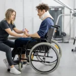 A physical therapist assists a man in a wheelchair wearing a neck brace with hand exercises in a rehabilitation facility 