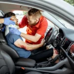 Two emergency responders fit a neck brace on an injured man in the driver’s seat of a car  The man has visible wounds on his arm and head  The car door is open 
