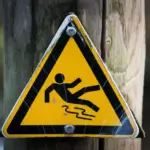 Yellow triangular warning sign attached to a wooden post, showing a stick figure slipping, indicating a slippery surface hazard. - Ghassemi Law Group Yellow triangular warning sign attached to a wooden post, showing a stick figure slipping, indicating a slippery surface hazard