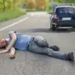 A man lies on the road, appearing injured, with a black car driving away in the background 