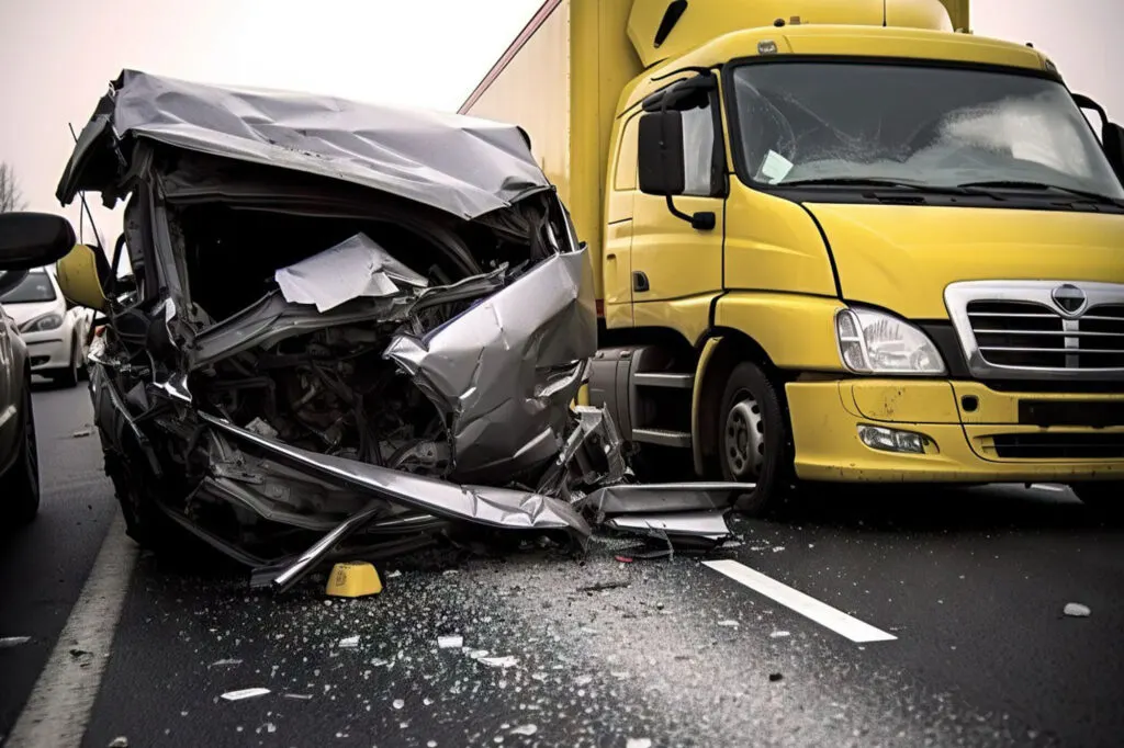 A yellow truck and a severely damaged silver car are on the road after a collision. Debris and shattered glass are scattered on the asphalt.