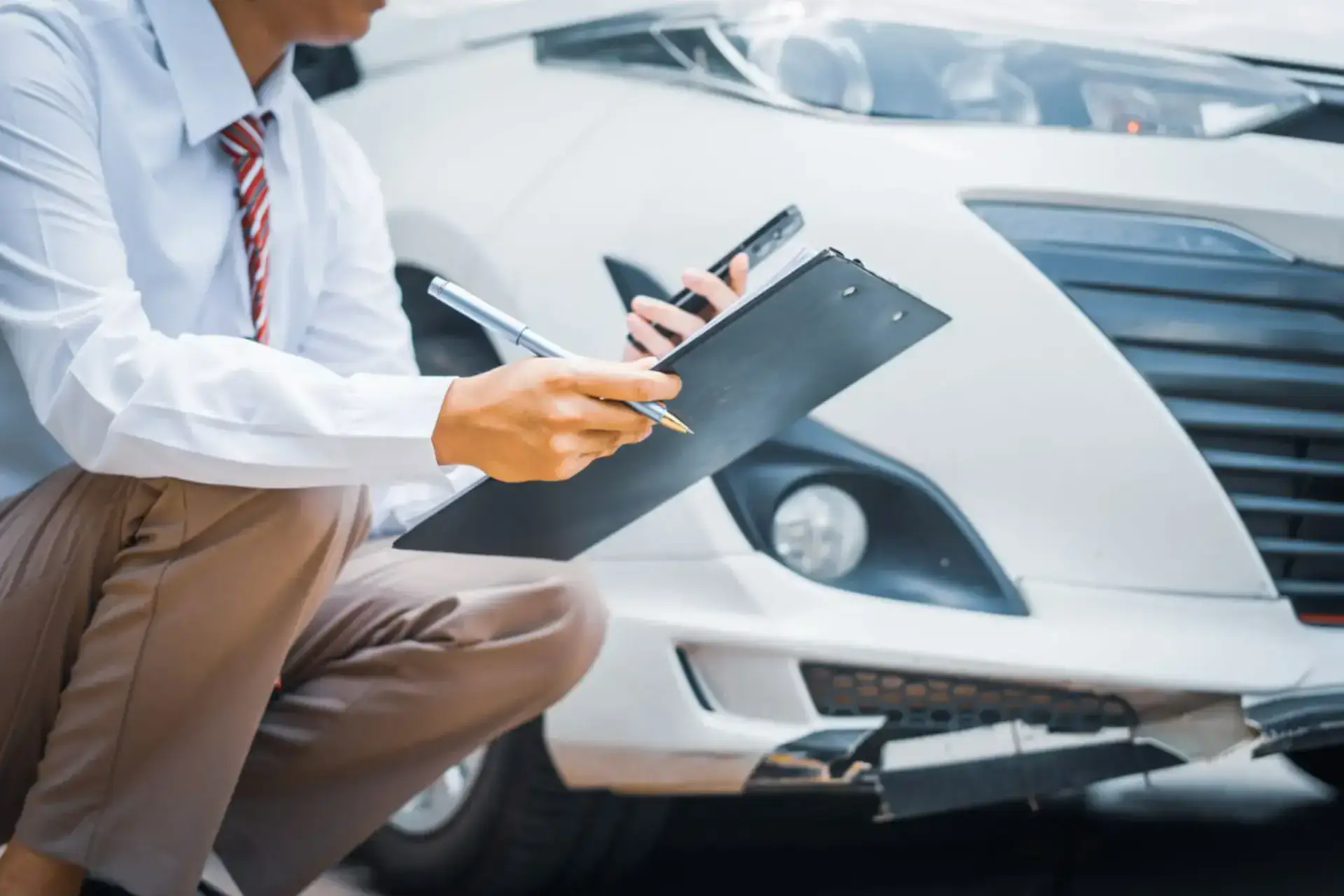 Person in a white shirt and red striped tie writes on a clipboard with a pen beside a white car, mid inspection