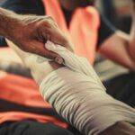 A person in a safety vest wraps a cloth bandage around another person’s injured forearm 