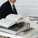 Legal reference book and case binder on an office desk
